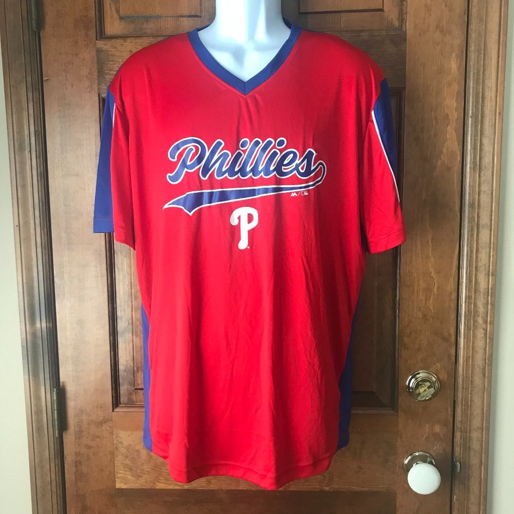 Majestic MLB Philadelphia Phillies Red/Blue V-Neck Logo Shirt X-Large